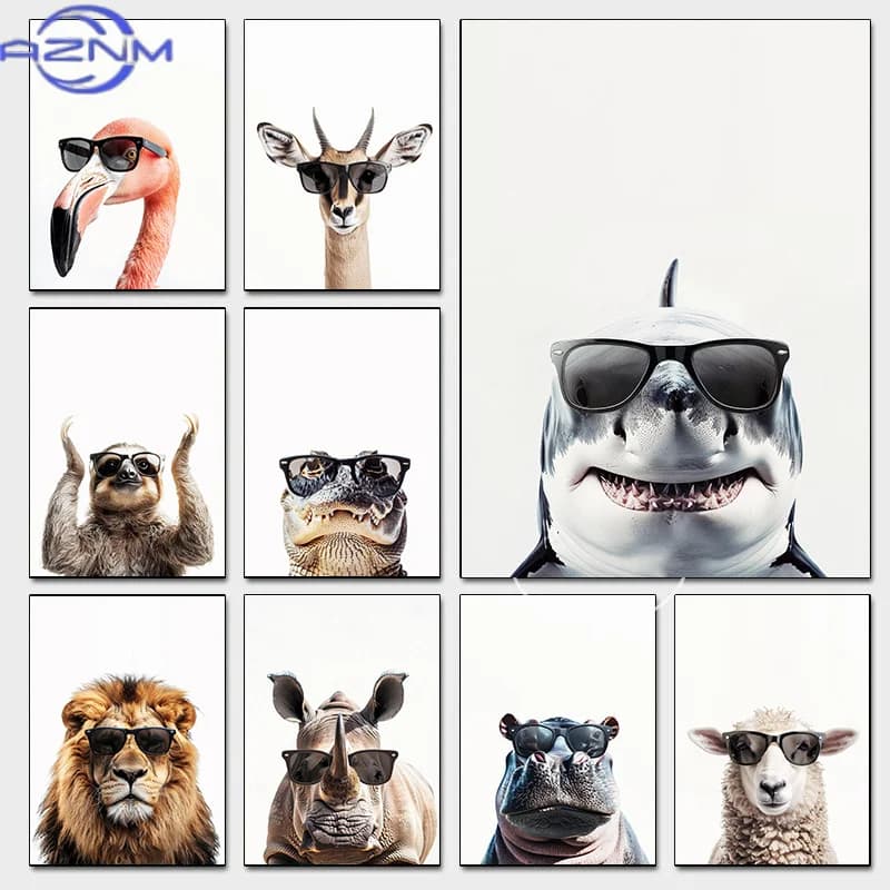 AZNM Funny Animal Wearing Sunglasses Posters Cartoon Great White Shark Prints Canvas Paintings Wall Art Pictures Kids Bedroom De