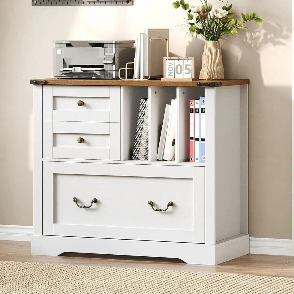 Armadietto portadocumenti in stile rustico per l'home office, schedario laterale con 3 cassetti e organizer per cartelle, mobiletto portaoggetti da ufficio per formato A4