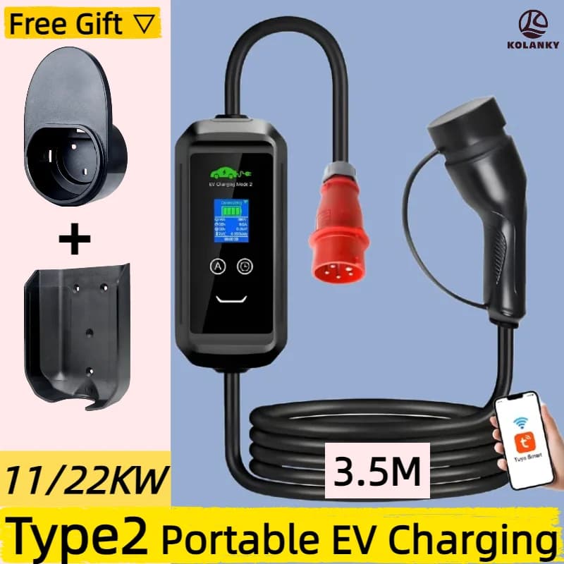 3.5 M Type2 EV Portable Charger 11KW 22KW 16A IEC62196-2 EVSE Charging Box Electric Vehicle PHEV Car Charger EEC Plug