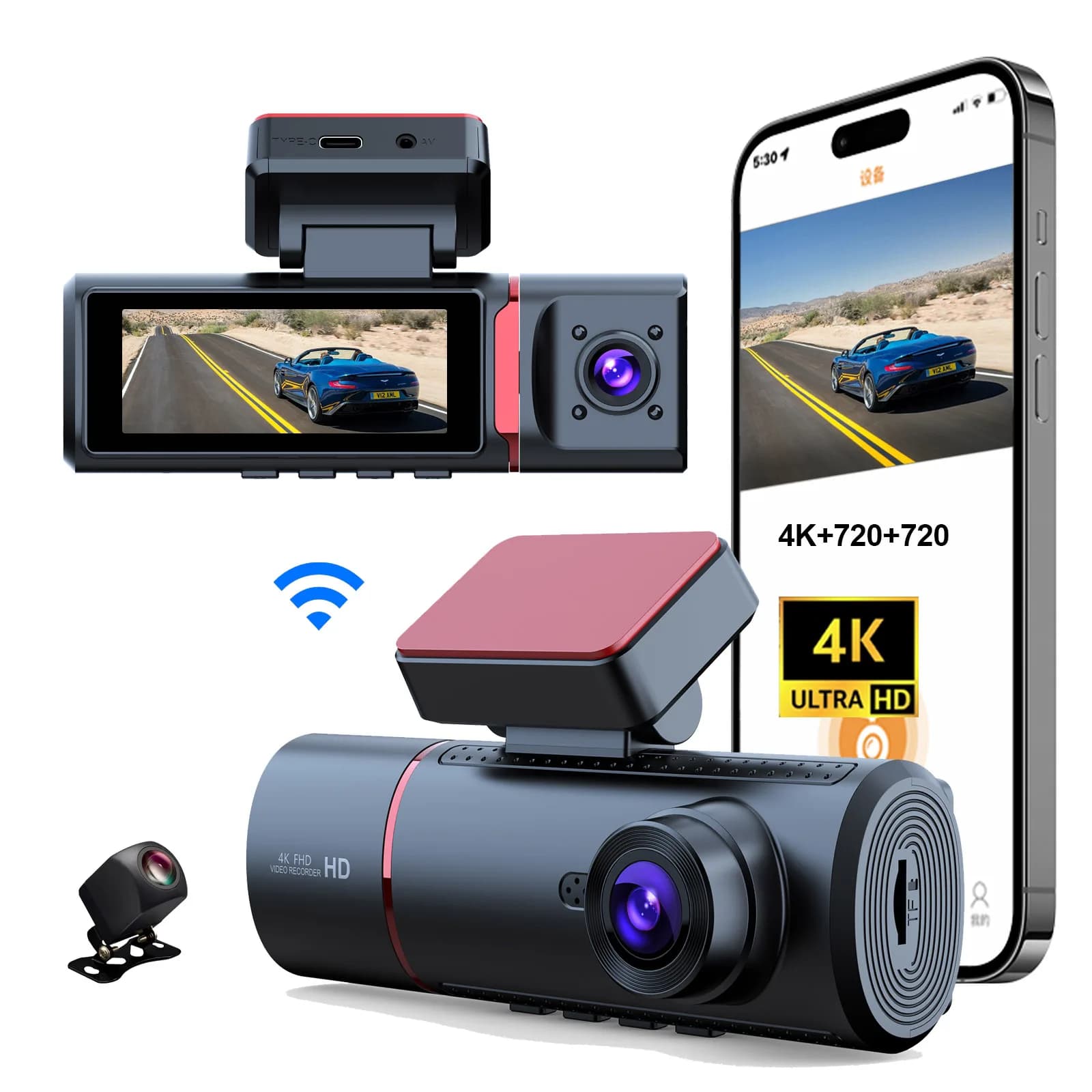 3.16 inches hd 4k Wifi Dash Camera Car Dvr Camera for front and rear cars 3 channels 4k Wifi Dashcam Wifi 4k 3 lenses Dash Cam