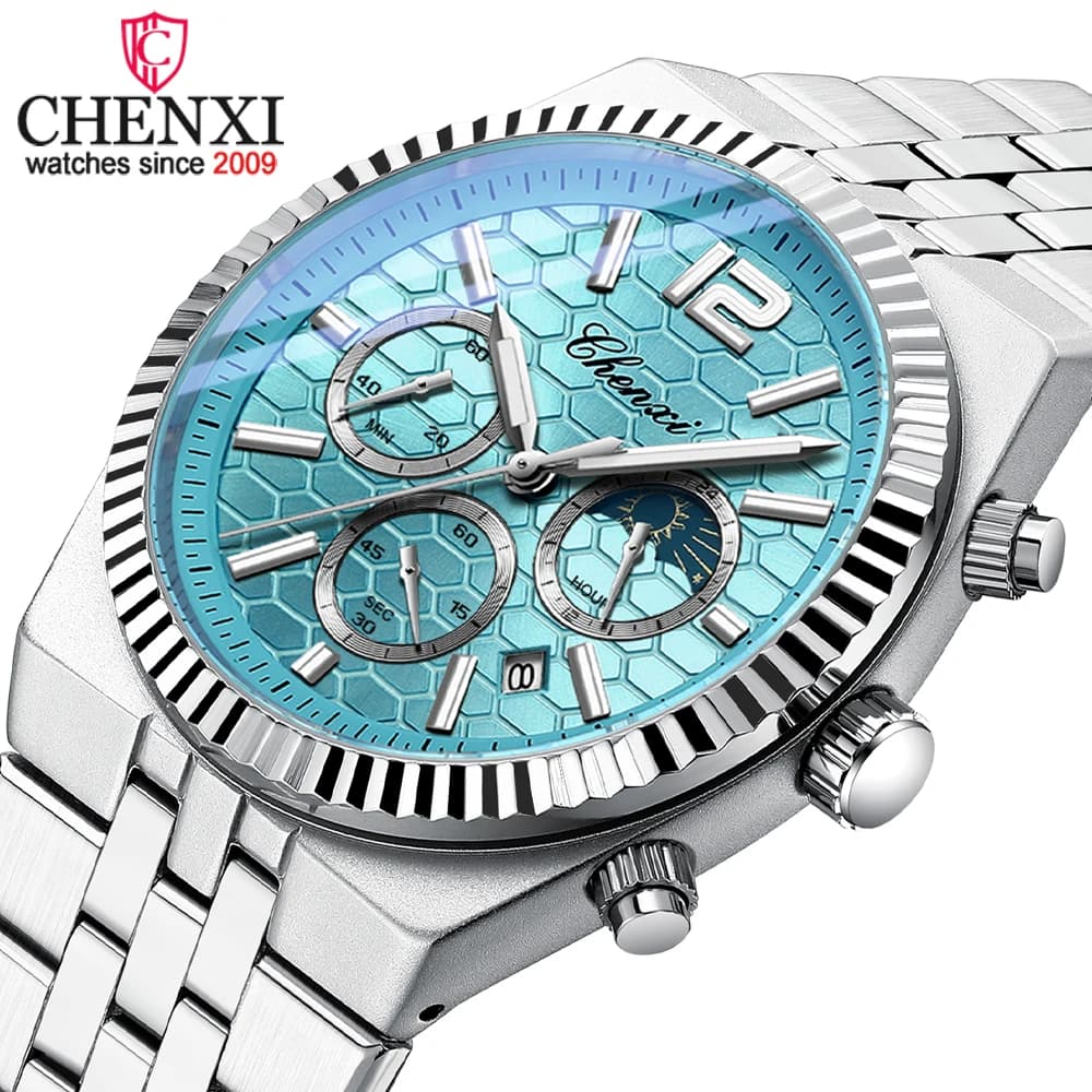 CHENXI Orologio al quarzo da uomo originale Cronografo da lavoro impermeabile Orologio da polso da uomo Orologio da uomo con cinturino in acciaio alla moda luminoso