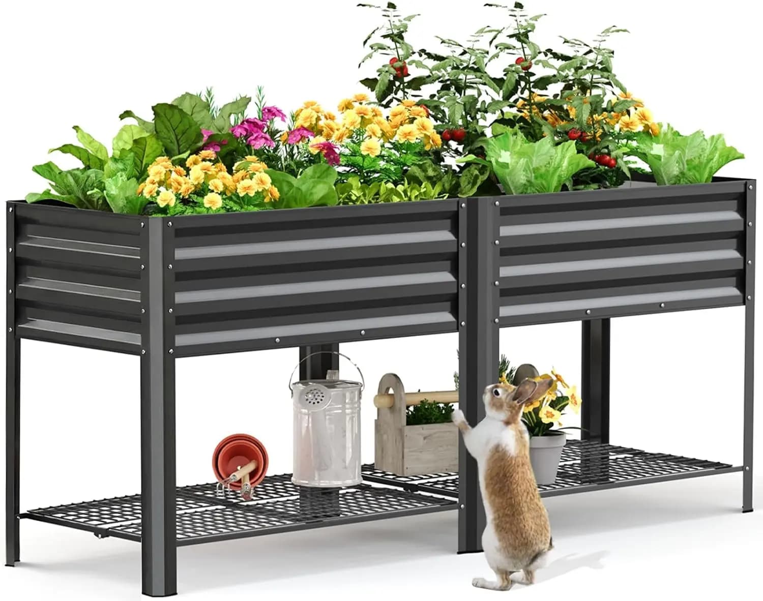 Galvanized Raised Garden Bed With Legs And Storage Shelf, Elevated Metal Planter Box For Backyard Patio Balcony Planting, Heavy Duty High Capacity Vegetable Herb Grow Table, Dark Grey Single Piece