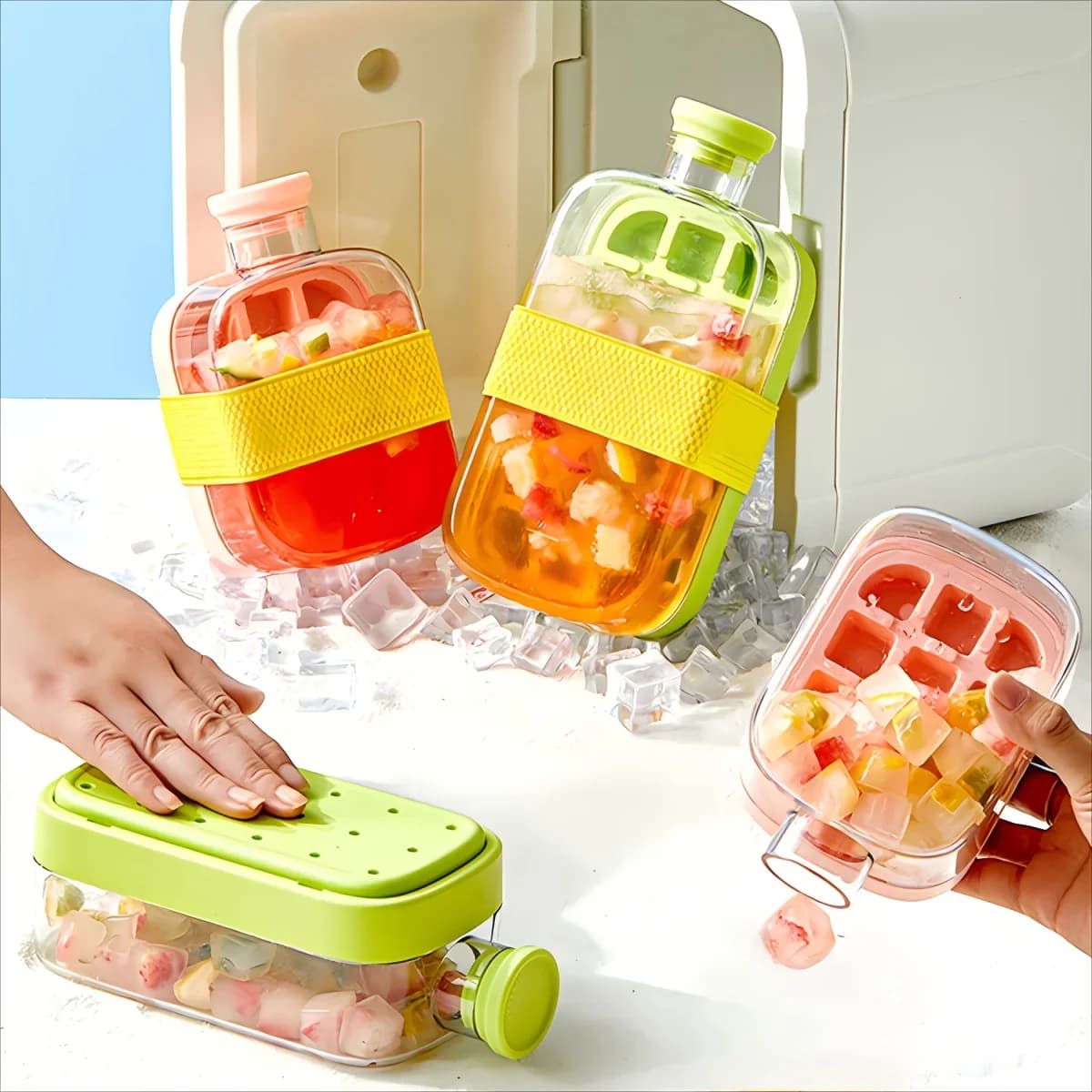 Stampo per cubetti di ghiaccio con pressa, bottiglia per ghiaccio con cannuccia, per whisky, gelato e acqua, facile da usare
