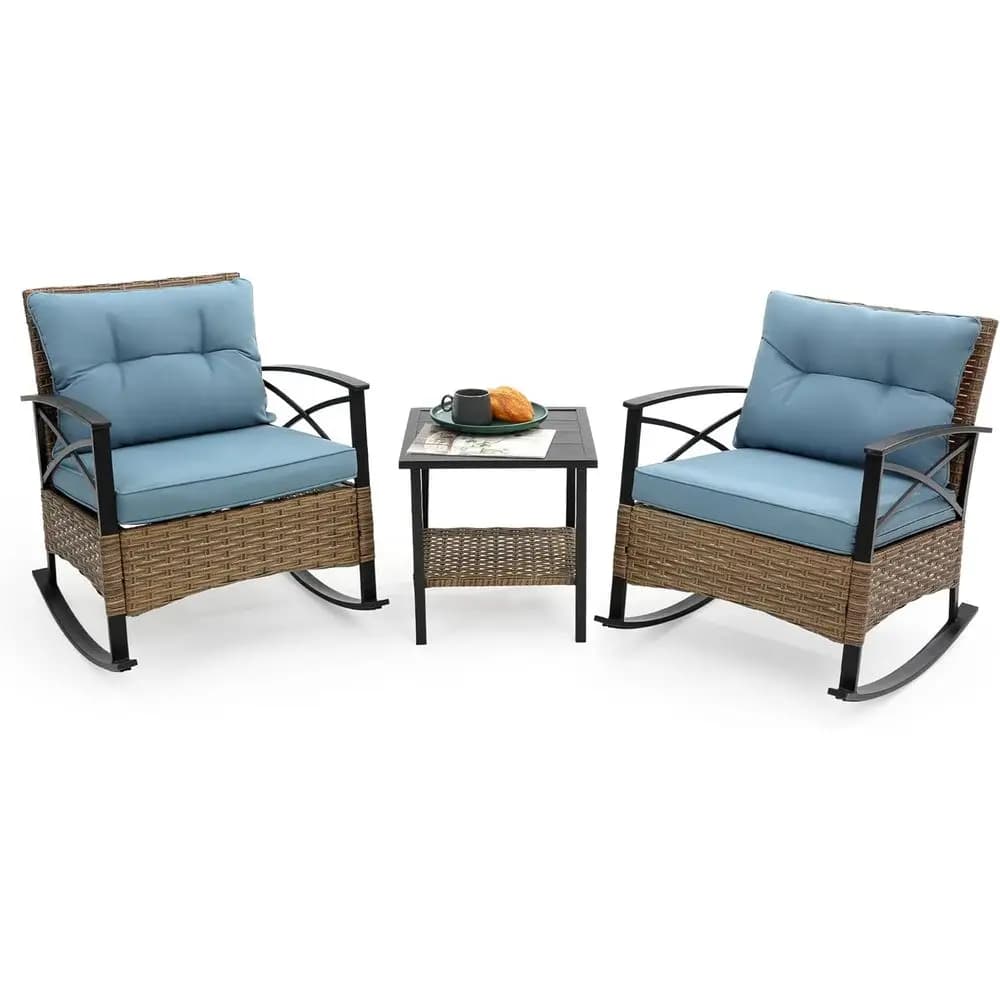 Set di 2 o 3 Sedie a Dondolo da Esterno con Cuscini, Tavolo e Sedie da Bistrot per Patio, Ideale per Giardino, Blu