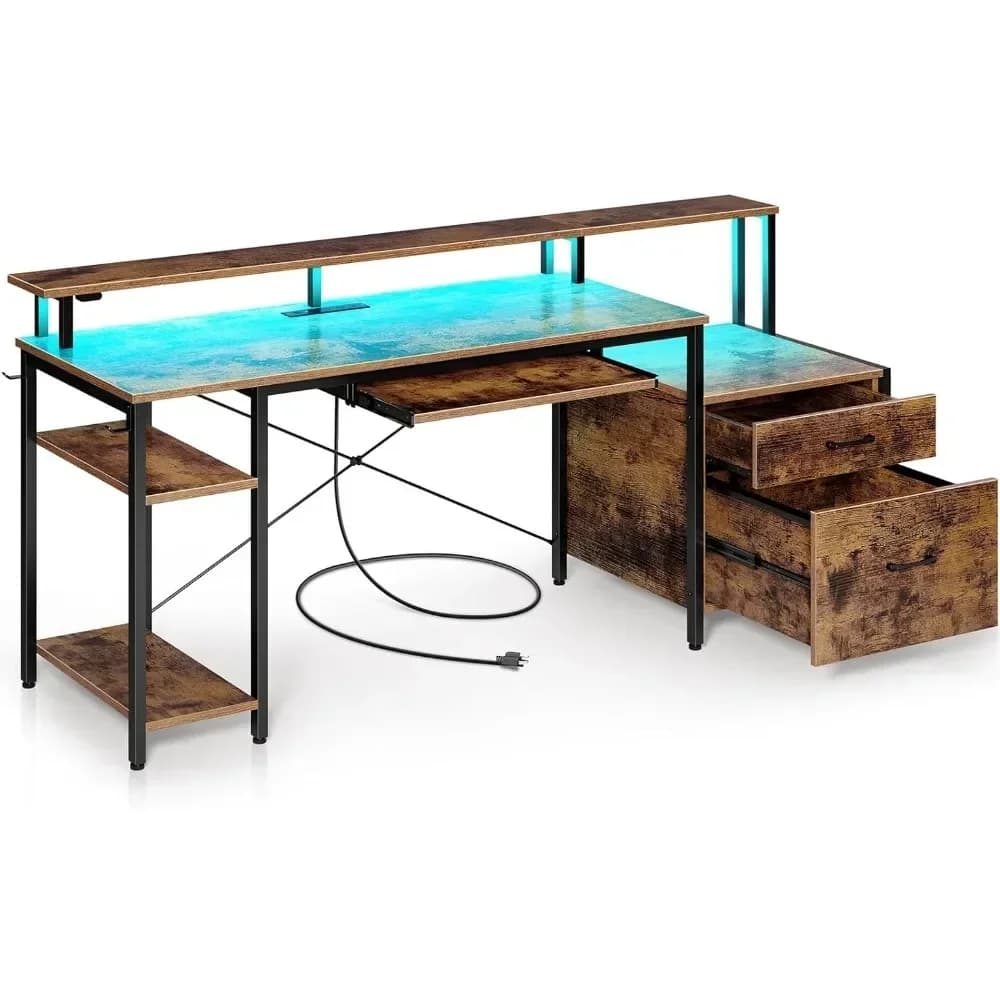 Computer desk with drawers, LED lights and sockets, with monitor support, keyboard tray and storage rack, computer desk