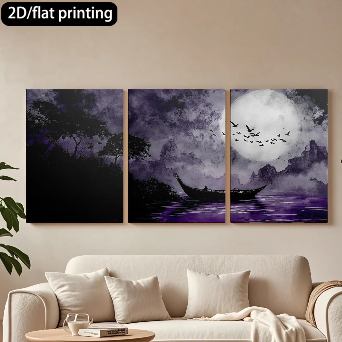 Set of 3 Squares on Canvas with Wooden Frame: Serena Boat, Quiet Lake, Full Moon. Corridor and Bedroom Decoration