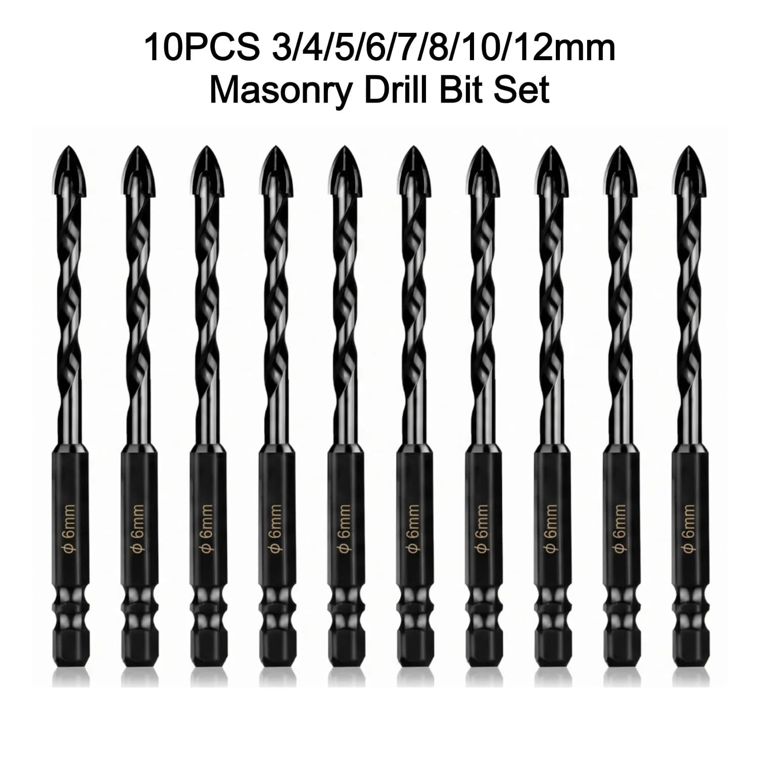 10PC 3/4/5/6/7/8/10/12mm Masonry Drill Bits Concrete Drill Bit Set for Plastic Glass Brick Cement Tile Marble Wood 1/4 Hex Shank