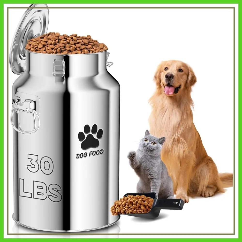 Contenitore in Metallo da 30 Libbre per Cibo per Cani con Coperchio Sigillato e Cucchiaio, Contenitore Ermetico per Alimenti per Cani e Gatti, Mantiene il Cibo Fresco e Facile da Pulire