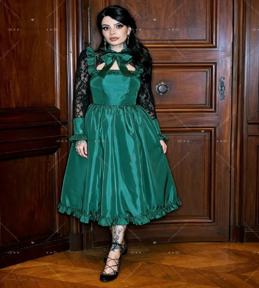 Dark Green Gothic 80s Prom Dress 2026 Bow Neck Long Sleeve Costume Evening Gowns Tea Length Ruffle Hem Short Cocktail Party Wear