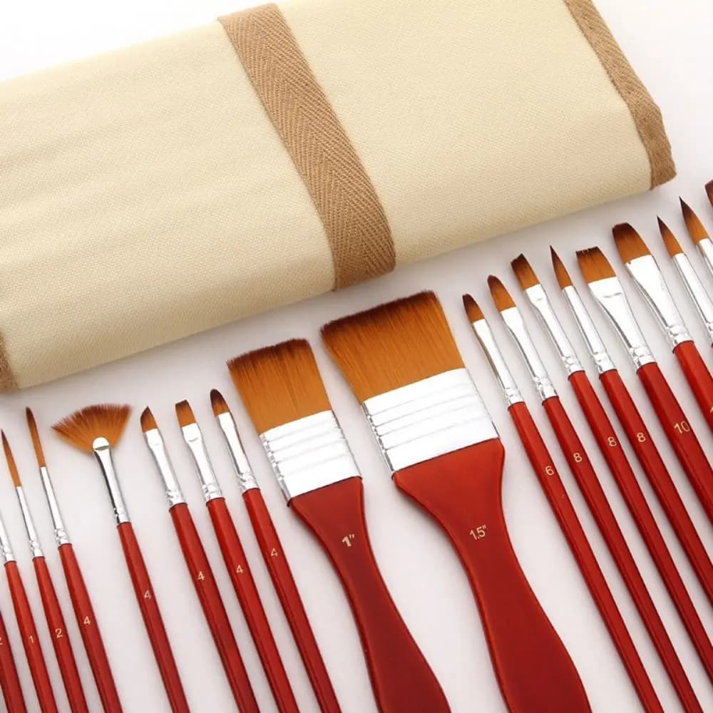 24pcs/set Wooden Handles Acrylic Paint Brushes Set Colorful with Cloth Roll Case Oil Painting Brush Scrubbing Scraper Nylon Hair