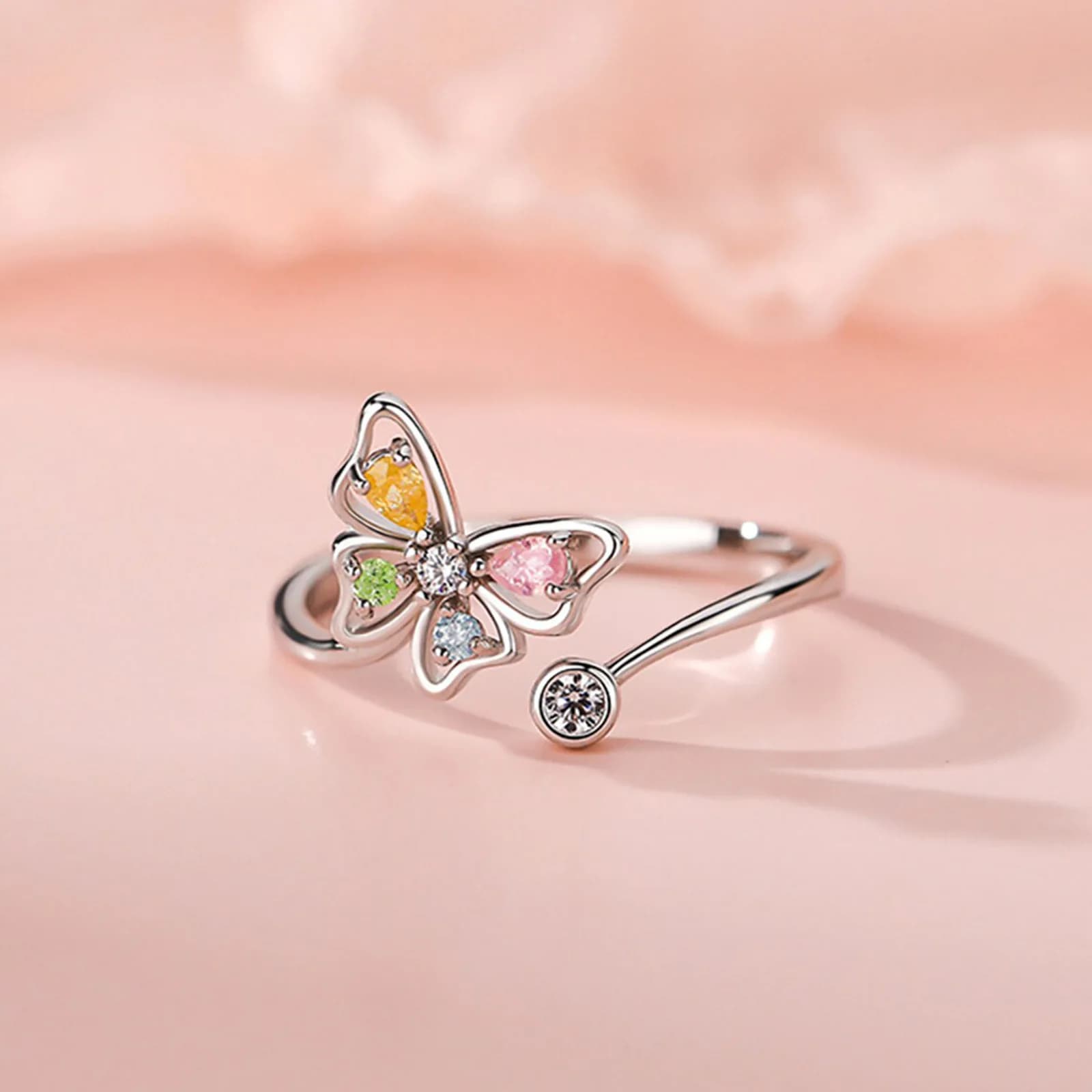 New Simple Creative Fashion Hollow Butterfly Colored Crystal 925 Sterling Silver Sweet Beautiful Popular Opening Rings TYB308