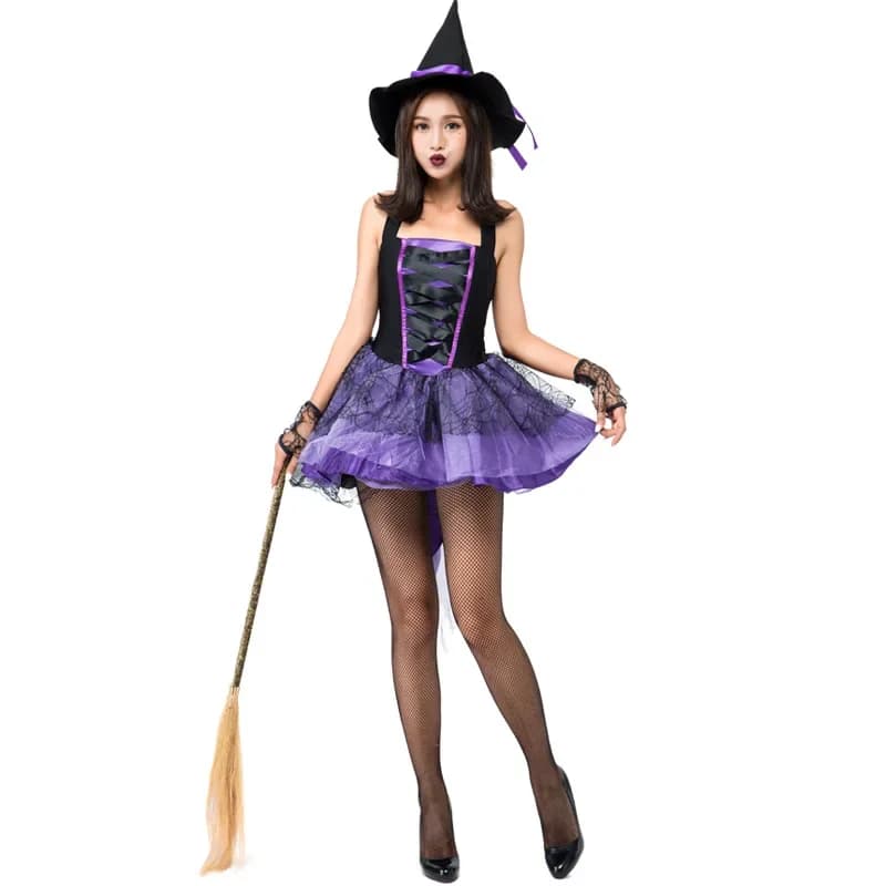 Halloween adulto nero viola misto strega vestiti maxi vestito sottile cosplay classico lucido gonna corta costume da ballo