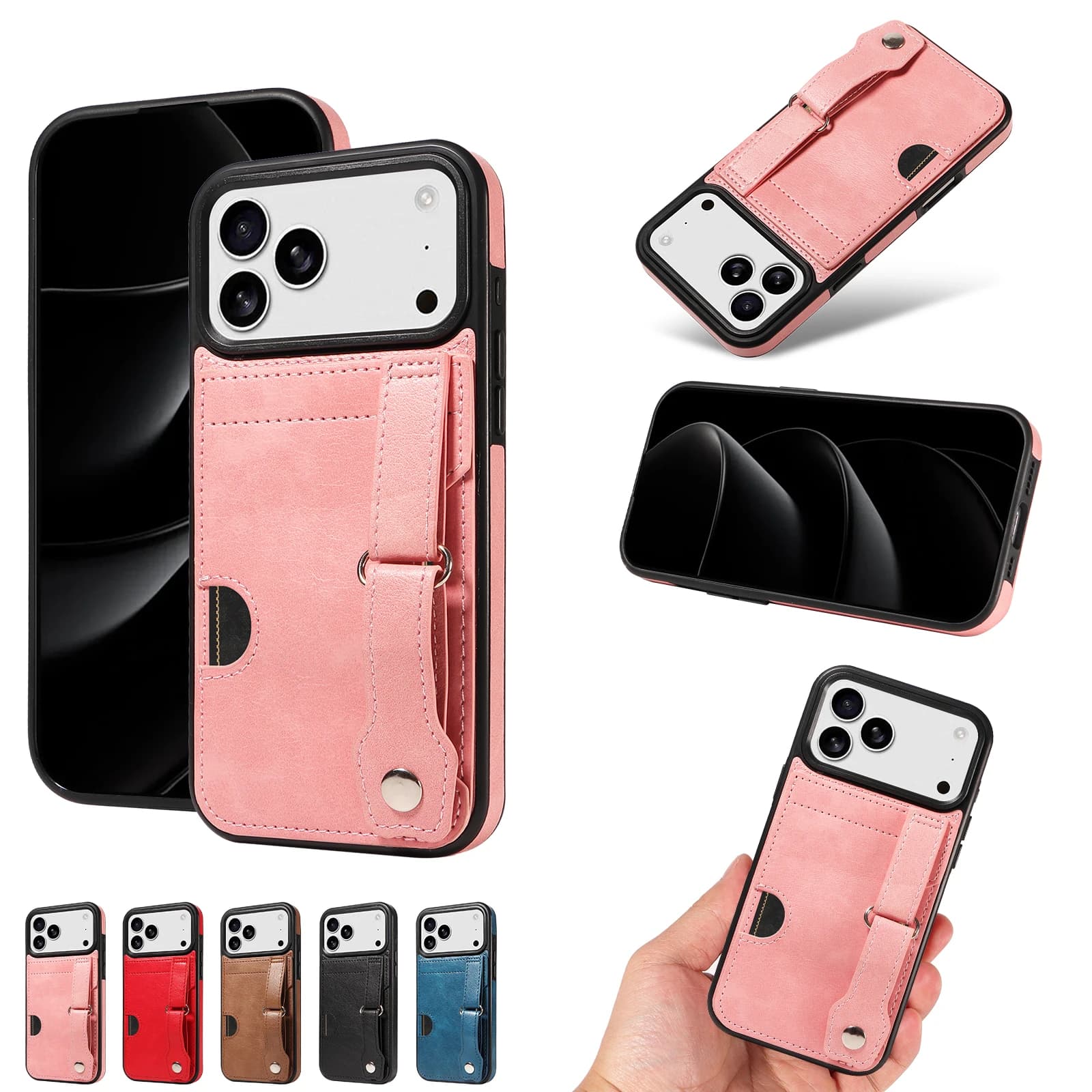 Cards Solt Wallet leather case with wrist strap for iPhone 17 Pro Max 16 Plus 15 14 13 12 11 Case for bag with thin shock-resistant snap bracelet