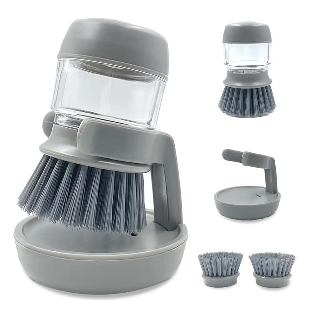 Dispenser di sapone con spazzola per piatti e supporto portaoggetti, facile da pulire, per utensili da cucina e lavello, grigio