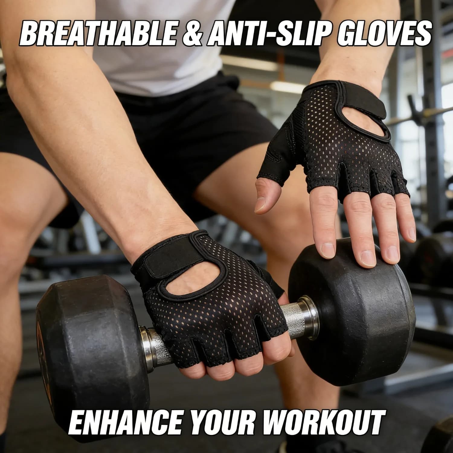 Training gloves, fingerless gloves, specially designed for gym workouts. Universal, lightweight and breathable fitness gloves.