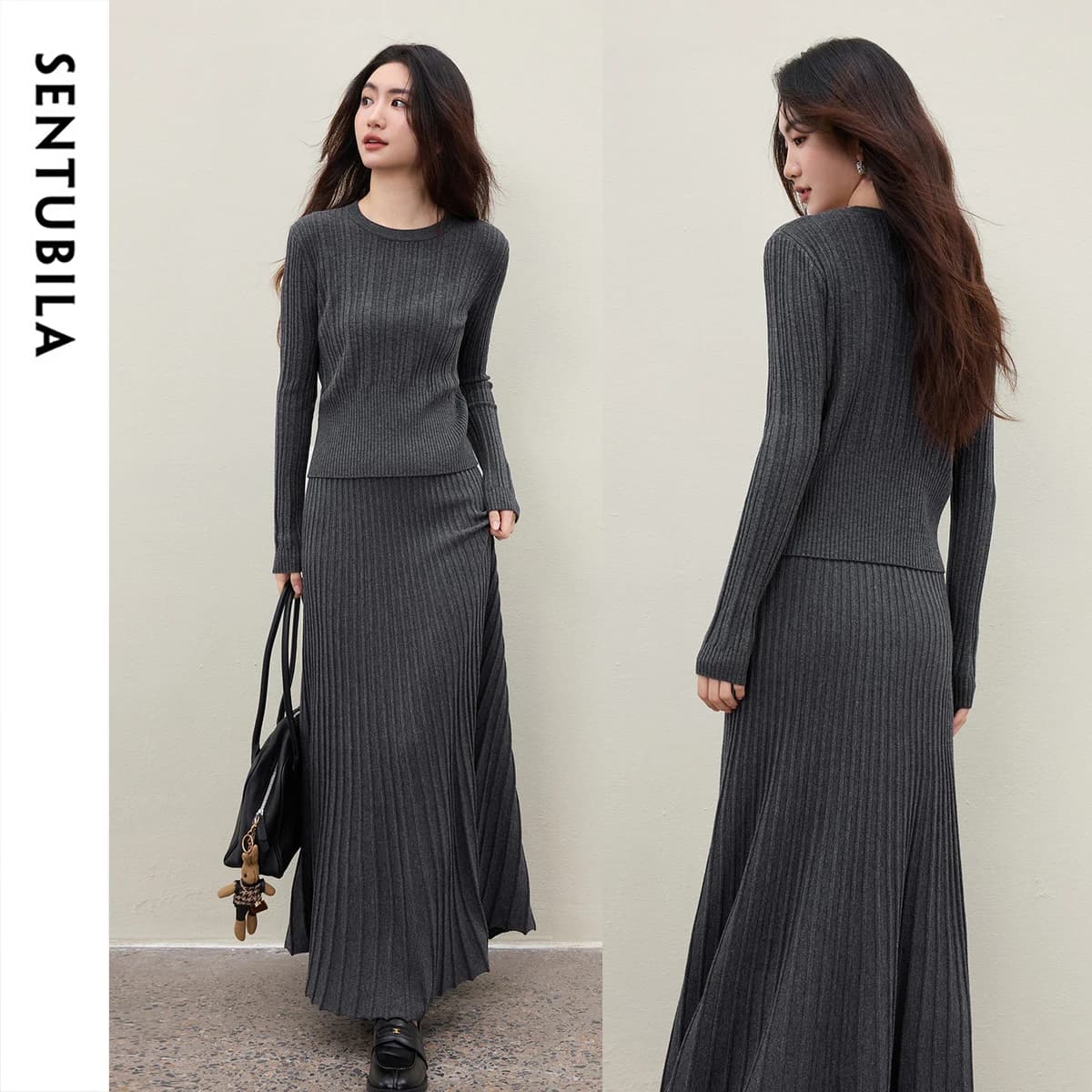 Completo coordinato da donna SENTUBILA in maglia a costine, due pezzi, con top a maniche lunghe e gonna lunga, slim fit, casual, Inverno 2026 W54ZF5833