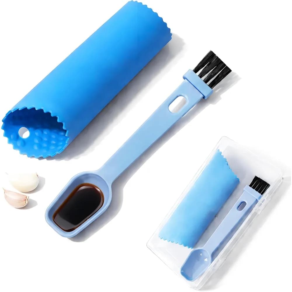 Spedizione dagli Stati Uniti: Set 2-in-1 Sbucciatore d'Aglio in Silicone con Spazzola e Cucchiaio Dosatore 5ml 3ml, Facile da Pulire, Utensili da Cucina