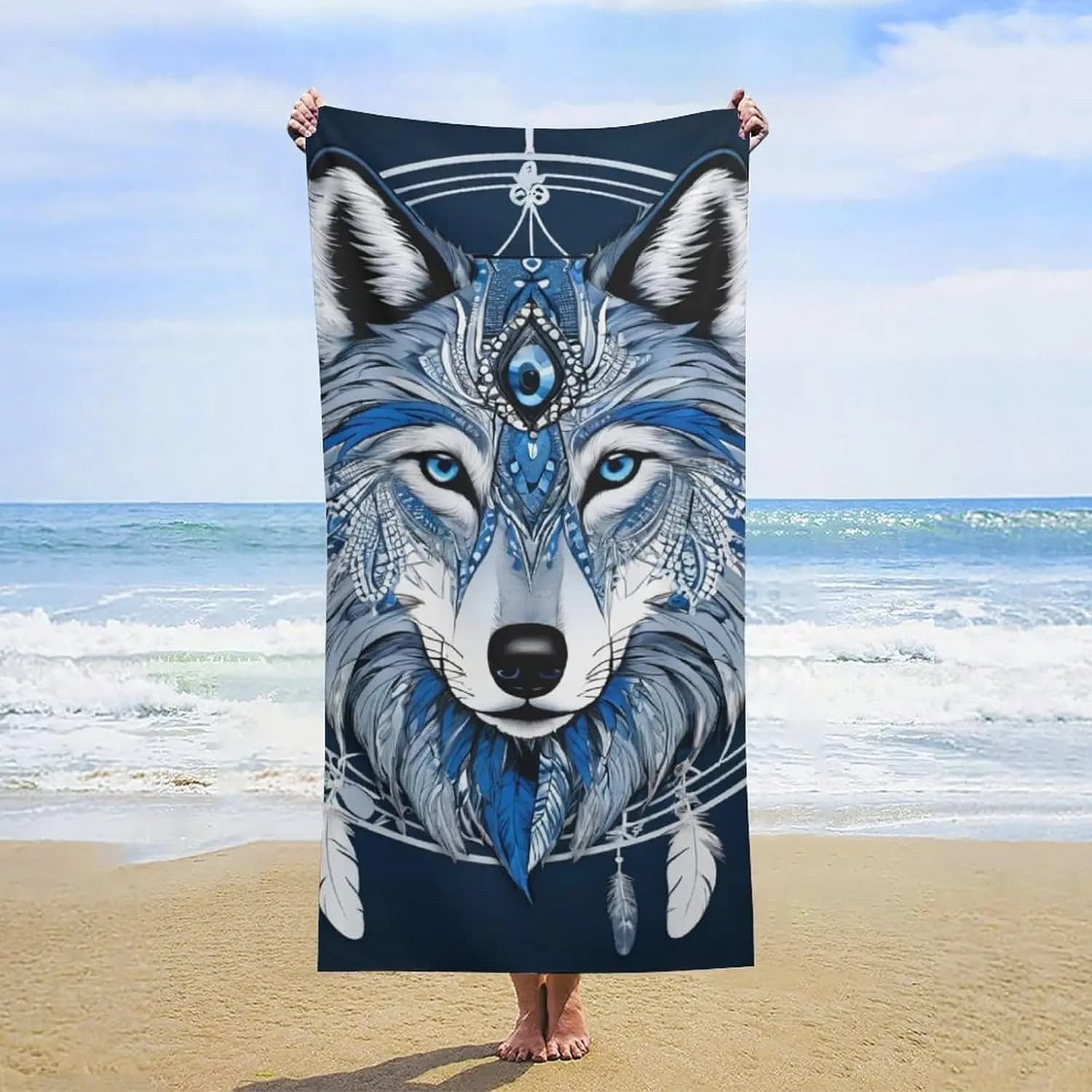 Beach Towel for Men Women Absorbent Quick Dry Bath Towels Compatible with Totem Native American Wolf Dream Catcher, Sand Free