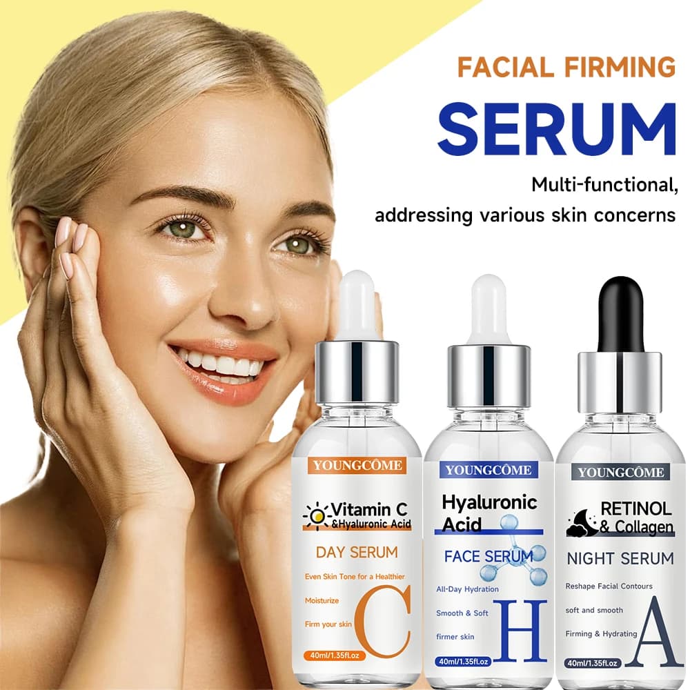 YOUNGCOME face serum set - Includes vitamin C, retinol and hyaluronic acid - Improves structure, glow and skin hydration - Day and Ni