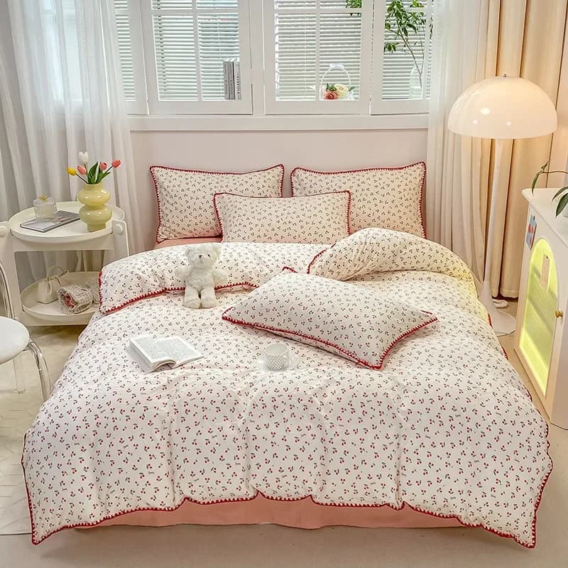 Set di Biancheria da Letto Cherry Queen, Lenzuola e Federe in Cotone Morbido Lavato per Dormitorio e Casa, Assorbenti, Traspiranti, Lavabili in Lavatrice