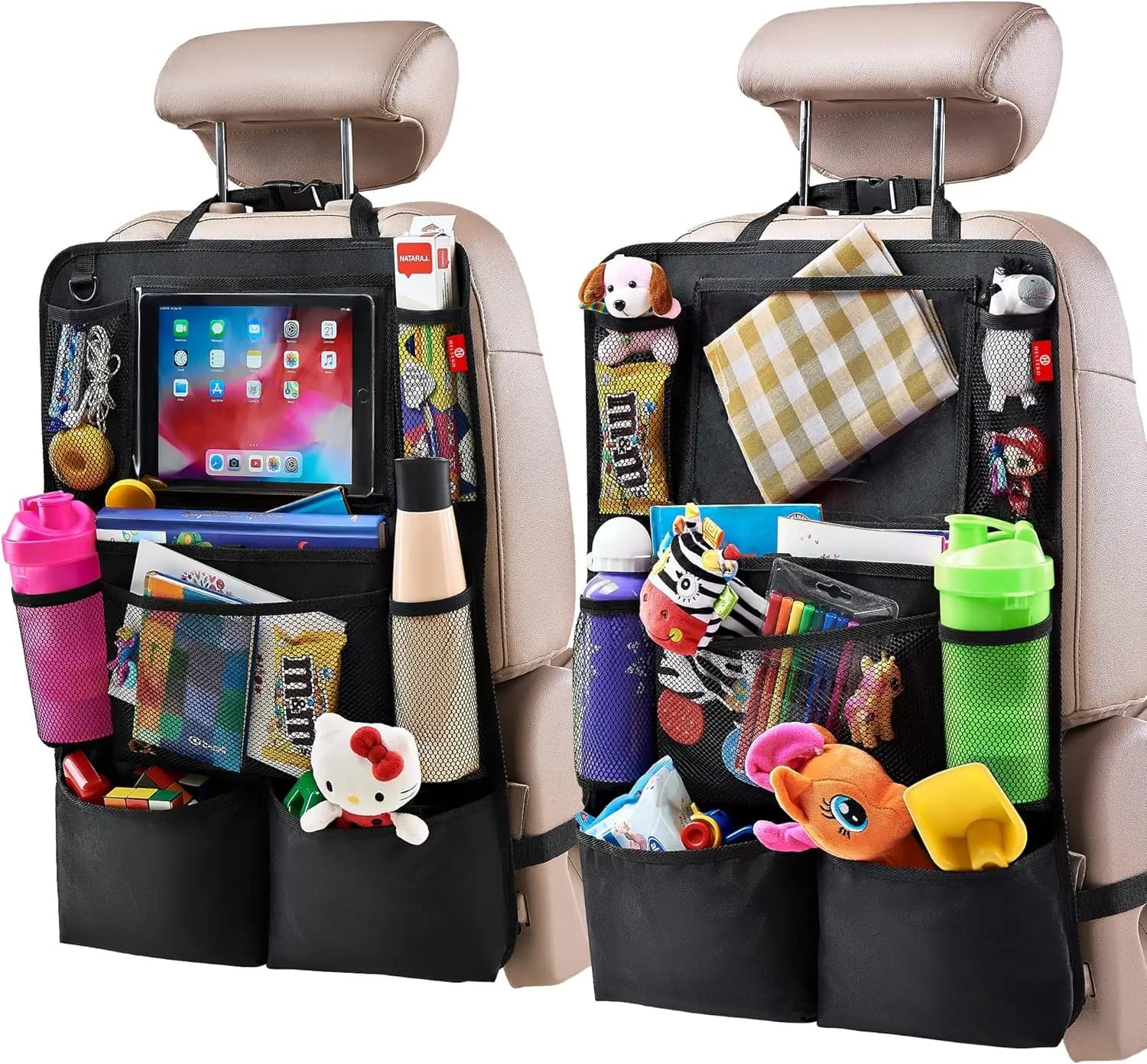 Organizer per Sedile Posteriore Auto con Porta Tablet, Accessori da Viaggio per Bambini, 9 Tasche e Protezione per Schienale, Confezione da 2 Neri