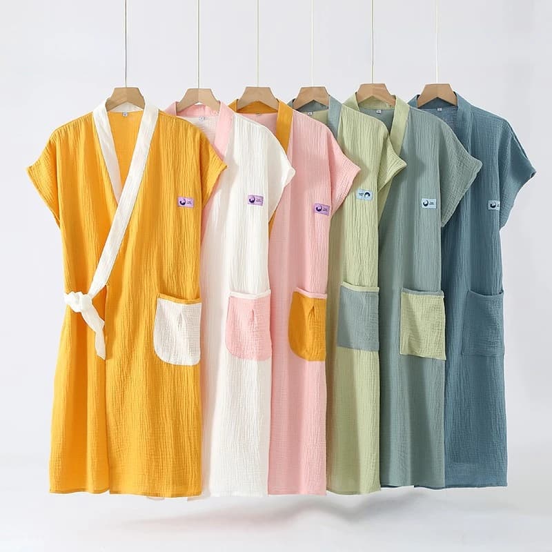 Coppia Crepe garza accappatoio estate manica corta abiti per le donne cotone pigiameria allentato Casual abito da notte pigiama da donna