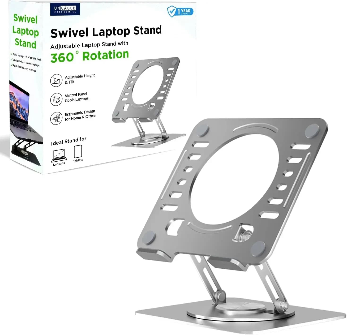 360 ° Supporto girevole per laptop da scrivania, supporto ergonomico regolabile per computer con prese d'aria di raffreddamento, portatile per ufficio domestico