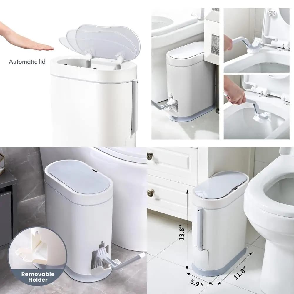 Pattumiera da bagno intelligente da 2,5 galloni con coperchio con sensore di movimento, scopino per WC incluso, cestino bianco impermeabile
