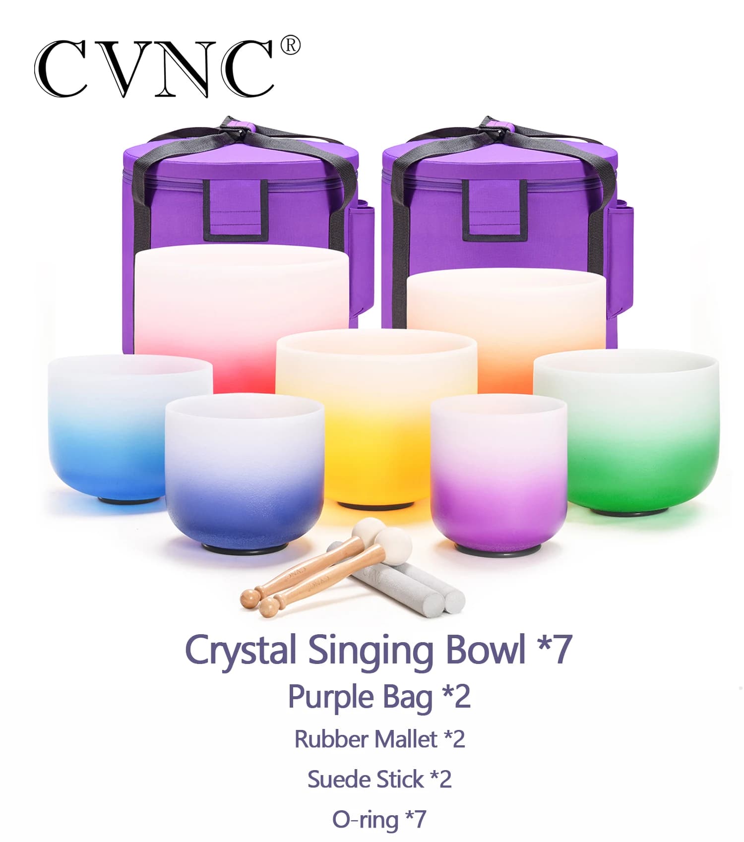 CVNC 6-12 Inch Various Colored Frosted Quartz Crystal Singing Bowls Chakra Set 7Pcs for Sound Healing and Meditation with Bags