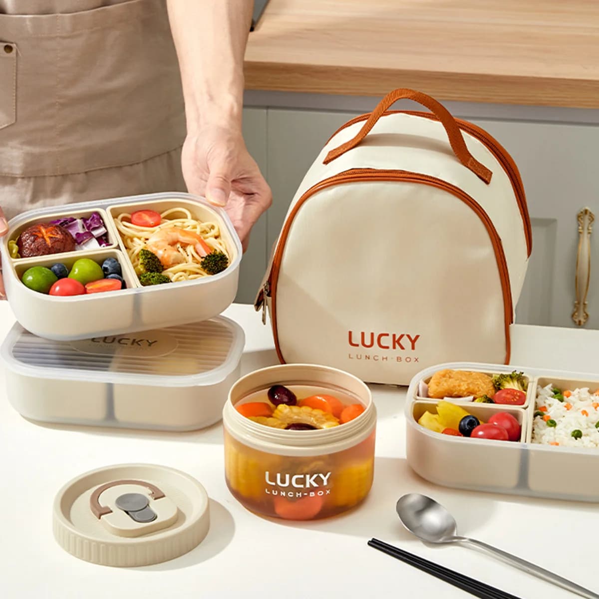 WORTHBUY Contenitore per alimenti in plastica per microonde a 3 griglie, portatile, staccabile, per frutta, bento box, impilabile, per scuola, ufficio