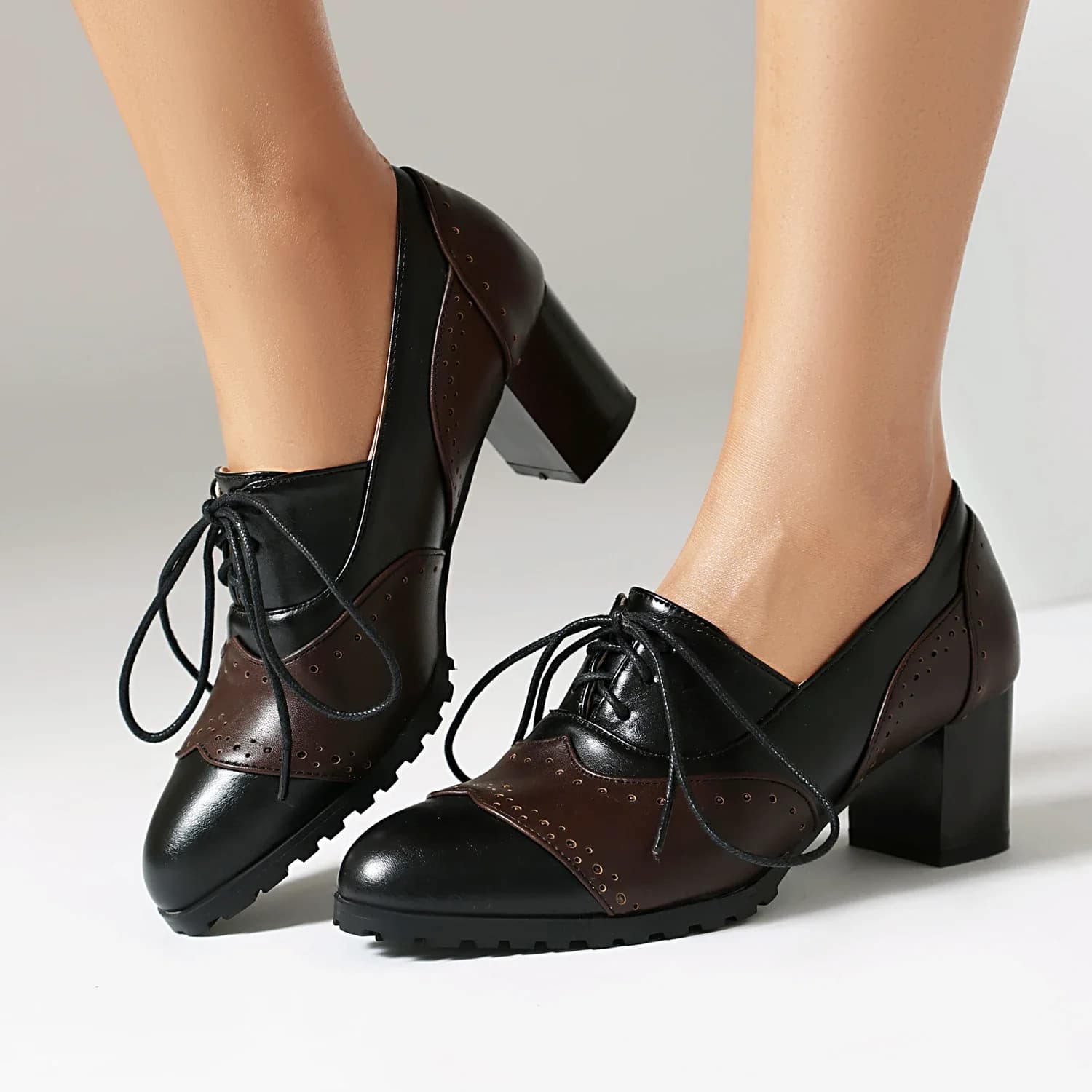 2024 spring autumn women pumps plus size 23-26.5cm Microfiber leather splicing loafers Retro brogue women shoes high heel