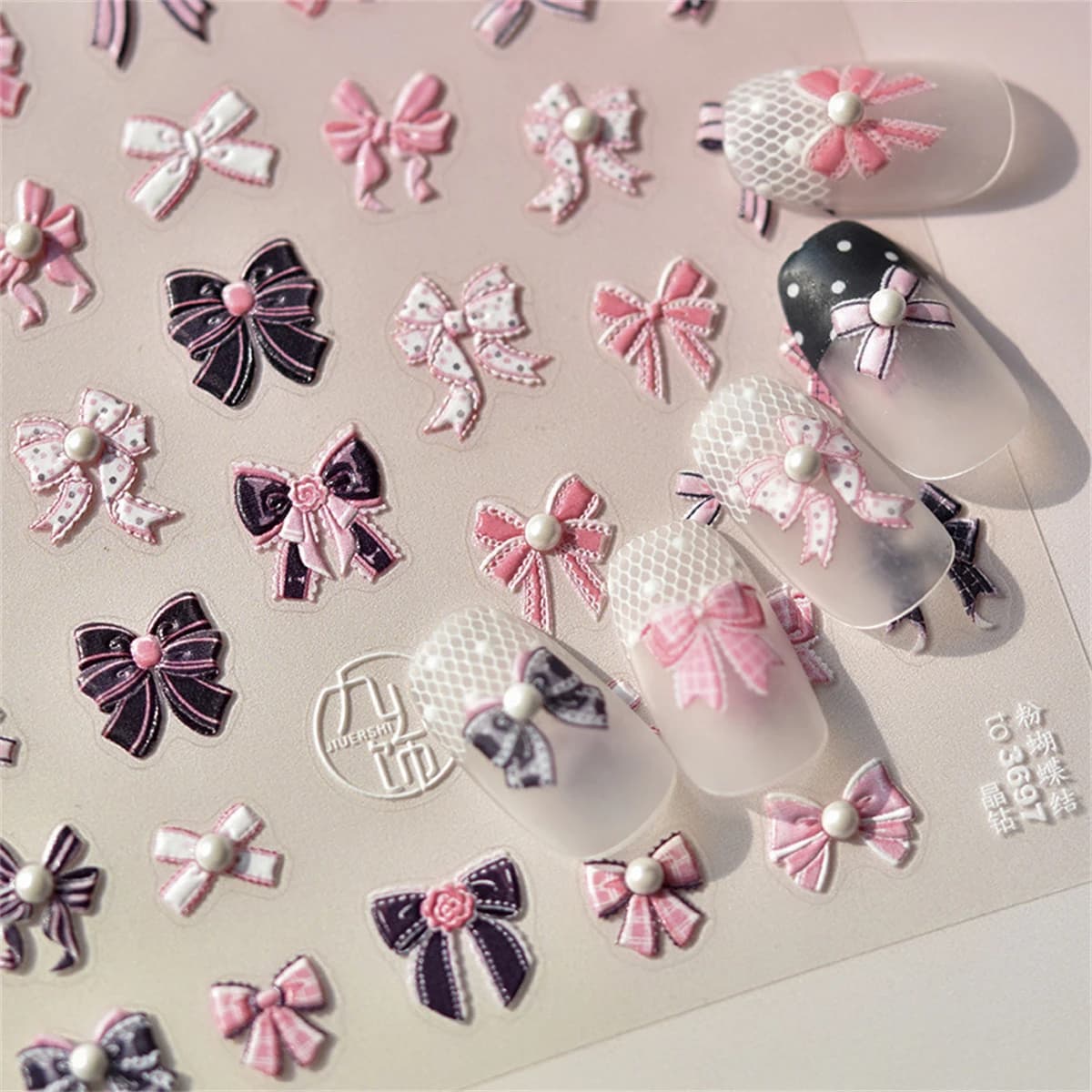 Rosa Nero Bowknot Retro Bianco Pizzo Rosa 5D Rilievi in rilievo Autoadesivi Unghie artistiche Adesivi Decalcomanie per manicure vintage all'ingrosso