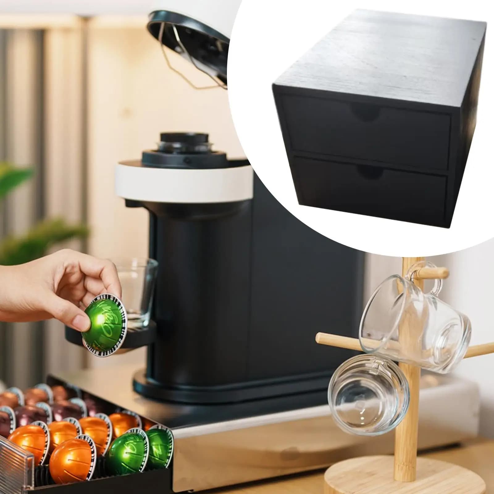 Coffee Pod Storage Box Coffee Capsule Drawer Organizer Practical Sturdy Coffeepods and Tea Organizer Wood for Office Counter