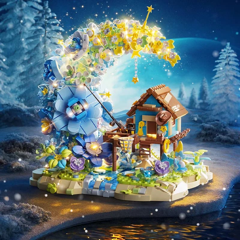 MOC Fiaba Luna Casa in legno Blocchi di costruzione Set con albero leggero Foresta Capanna notturna Giocattoli per bambini Regali speciali di compleanno