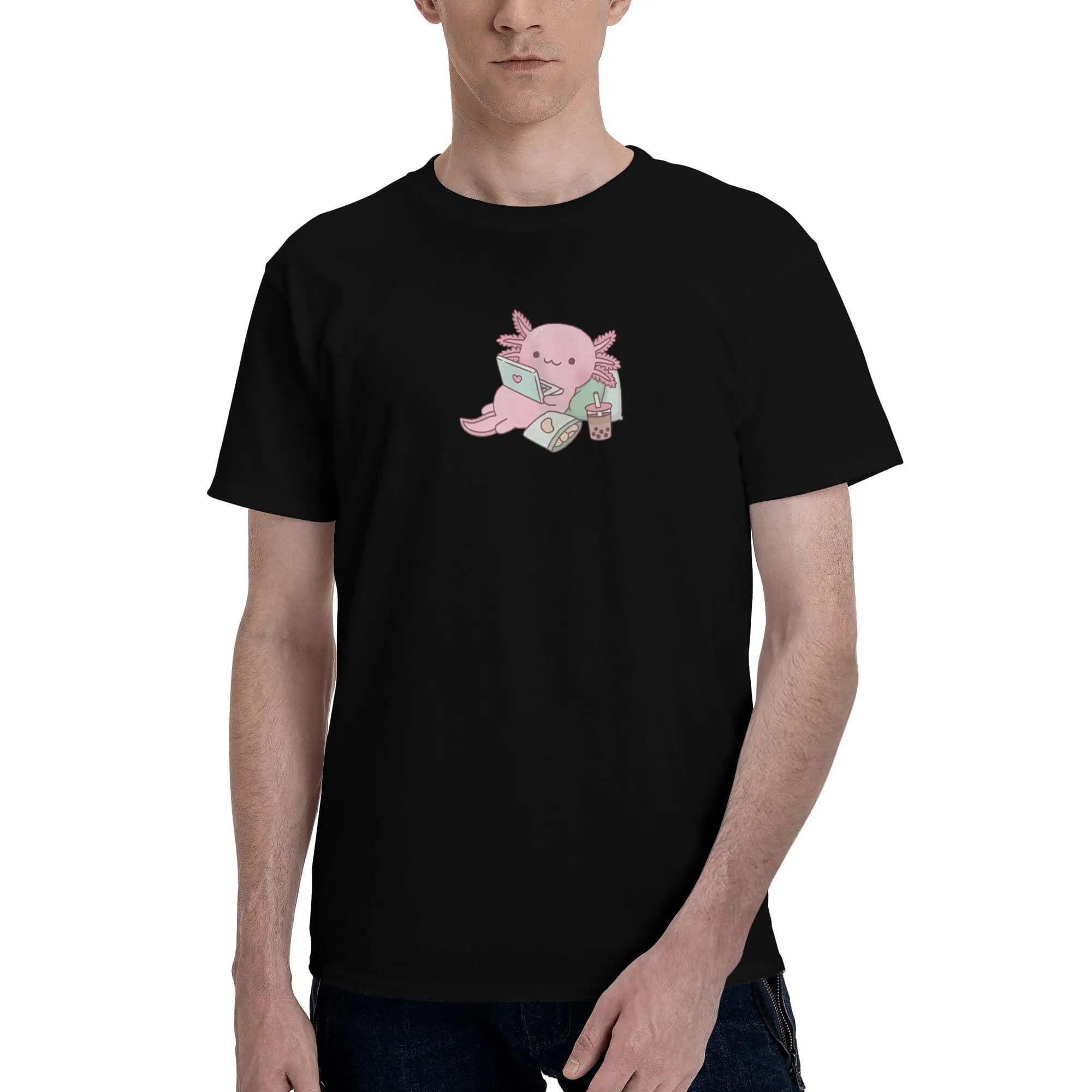 Nuovo 2025 yaer Cute Axolotl come il personaggio con la maglietta da uomo con laptop e snack