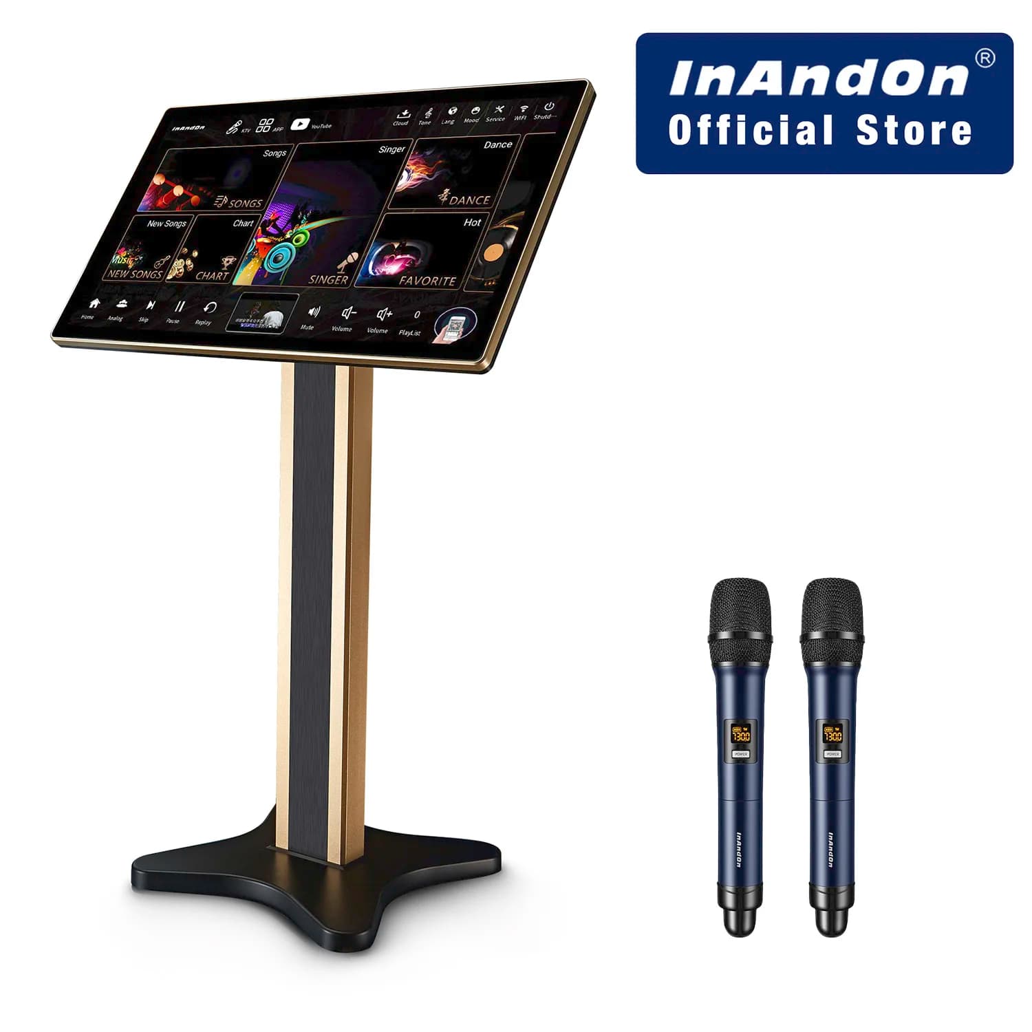 InAndOn KV-HT215 Macchina per karaoke Sistema KTV 4in1 Touch screen da 21,5" 2 microfoni wireless Biblioteca cloud YouTube Bluetooth WiFi