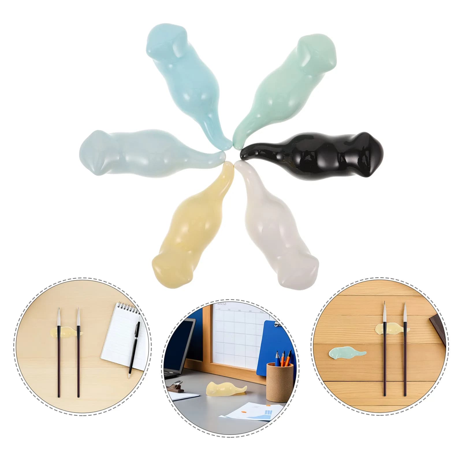 6Pcs Porcelain Calligraphy Brush Rest Set Cat Shape Ceramic Paint Brush Holder for Sumi Watercolor Brushes Desktop Art Supplies