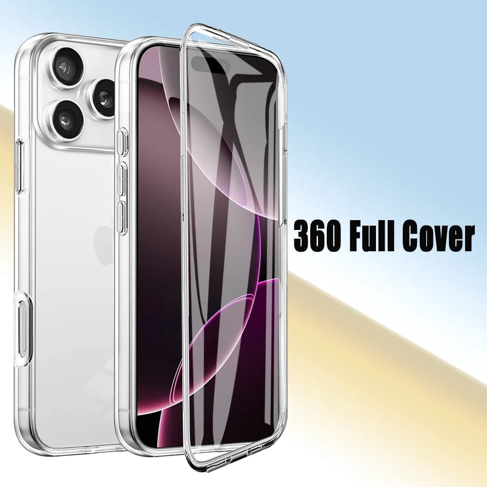 360 Custodia protettiva per telefono trasparente anteriore posteriore per tutto il corpo per iPhone 17 Air 16E 16 15 14 13 12 11 Pro Max Plus PC + copertura paraurti in TPU