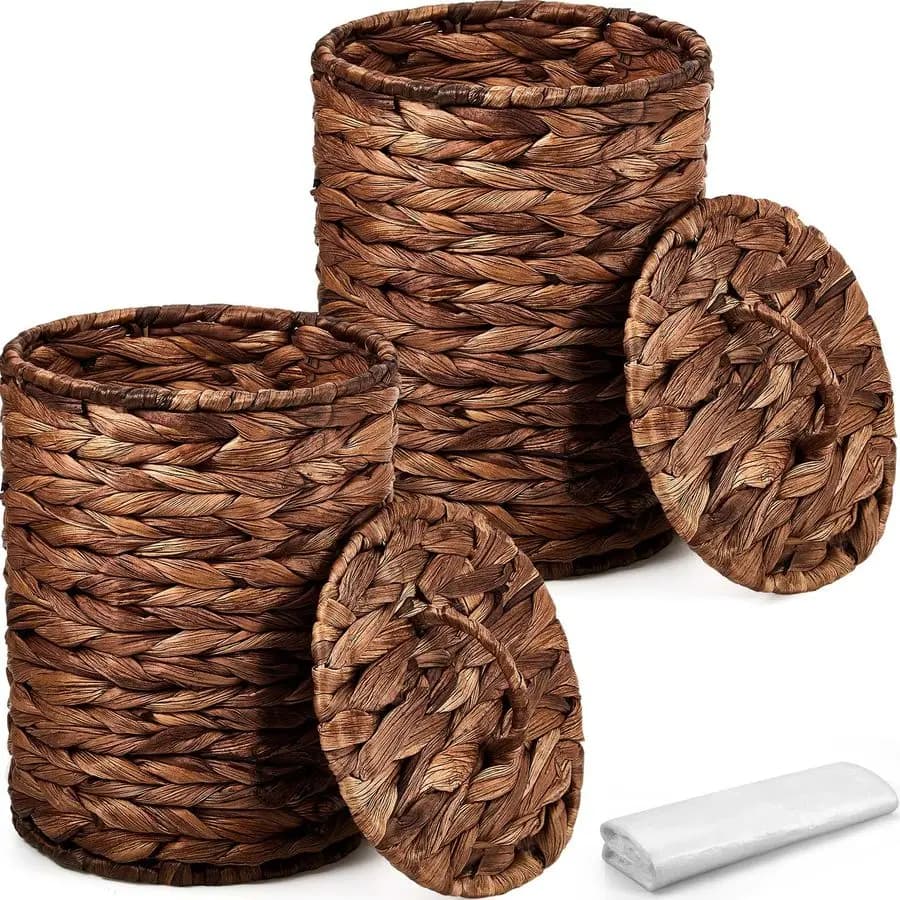 2 Pezzi Cestino per Rifiuti in Vimini Intrecciato con Coperchio, Cestino per Bagno, Bidone della Spazzatura con 100 Sacchetti per Rifiuti per Letto