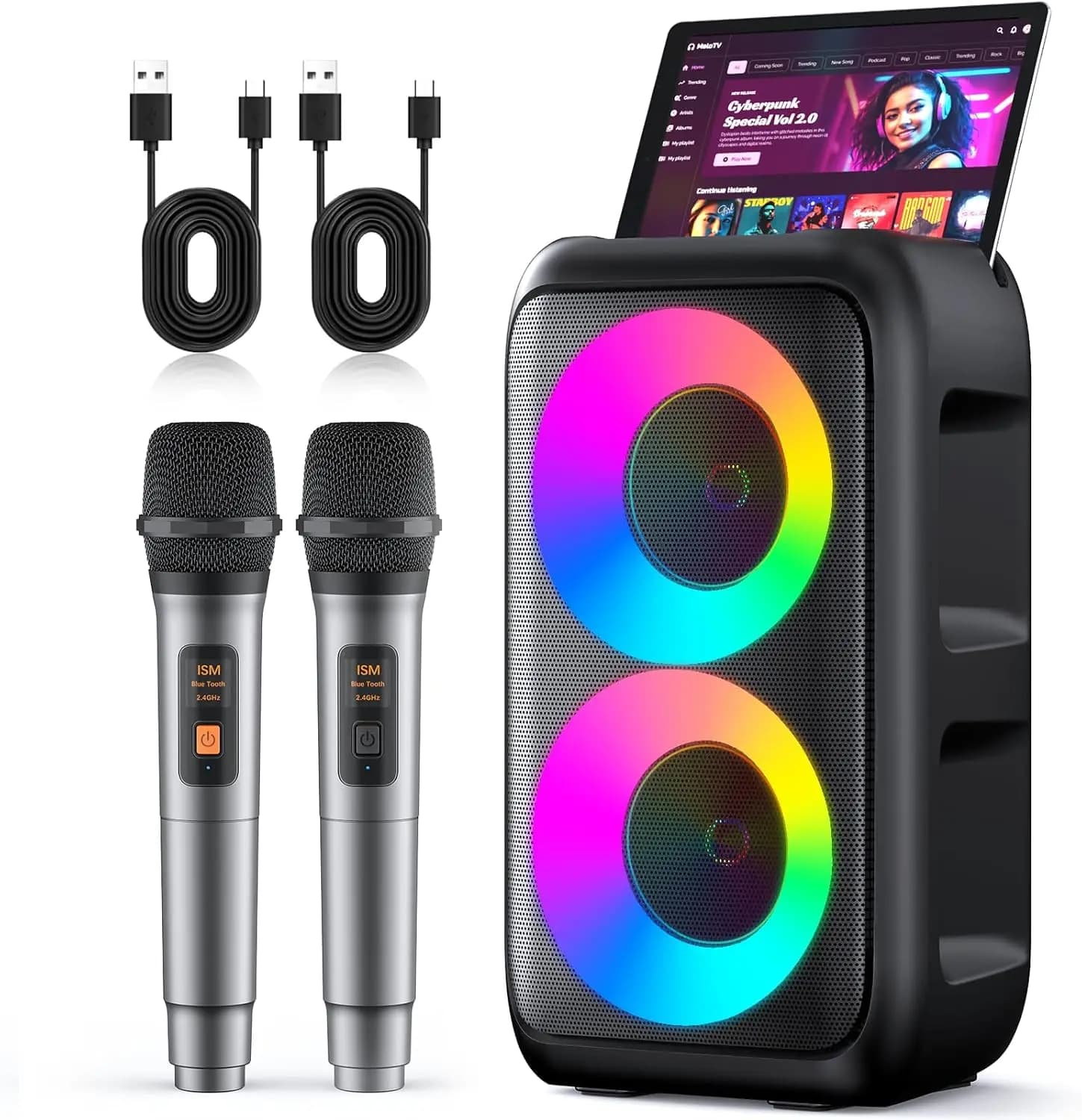 Macchina per Karaoke Portatile con 2 Microfoni Wireless, Altoparlante Bluetooth, Luci LED e Batteria da 10 Ore per Feste in Casa