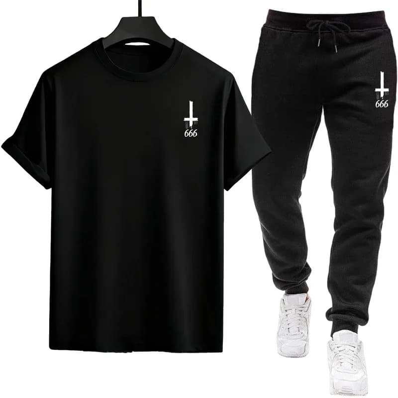Completo Casual da Uomo 2026: T-Shirt Basic e Joggers Comodi con Simbolo Satan 666 Croce Invertita - Coordinati