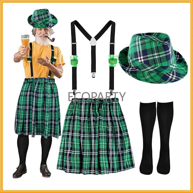 Set di costumi per il giorno di San Patrizio Bretelle scozzesi verdi Cappello e calzini Festival irlandese Bomboniera per il giorno di San Patrizio