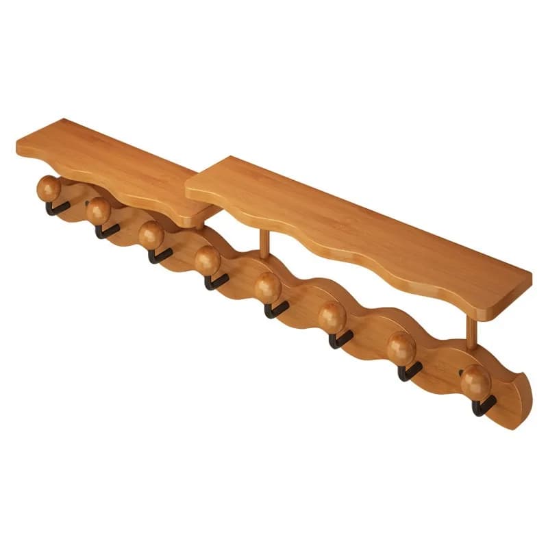 Wood Wall Mount Coat Hook Rack with Dual Storage Shelves Punch Free Entryway Hanger for Clothes Bag Hat Scarf Organizer