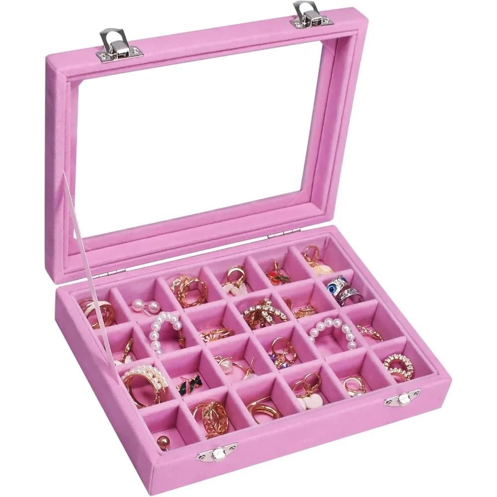 Pink Velvet Jewelry Box with 24 Grids Organizer Display Tray Holder for Rings Earrings Necklaces Women Girls Gift Storage Case