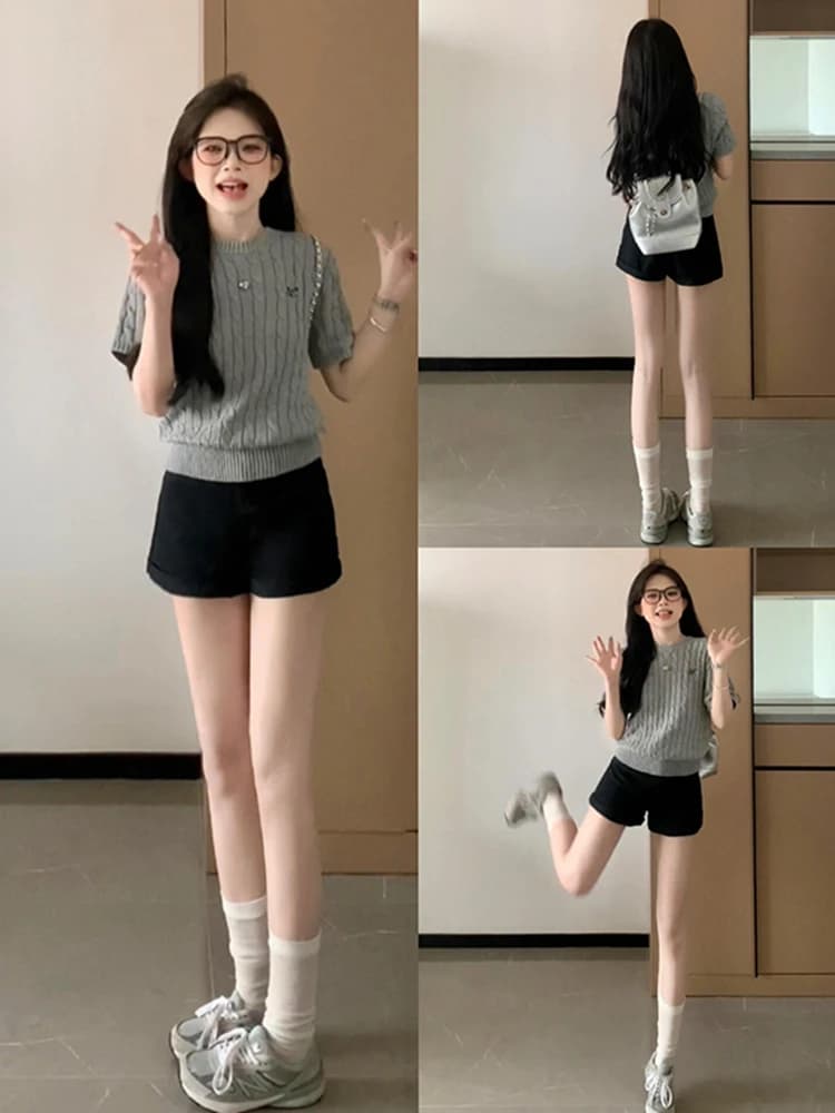 Black High-Waist Sports Shorts Women's Spring A-Line Slimming Casual Loose Fit Wide Leg Hot Pants Commute Style Zipper Detail