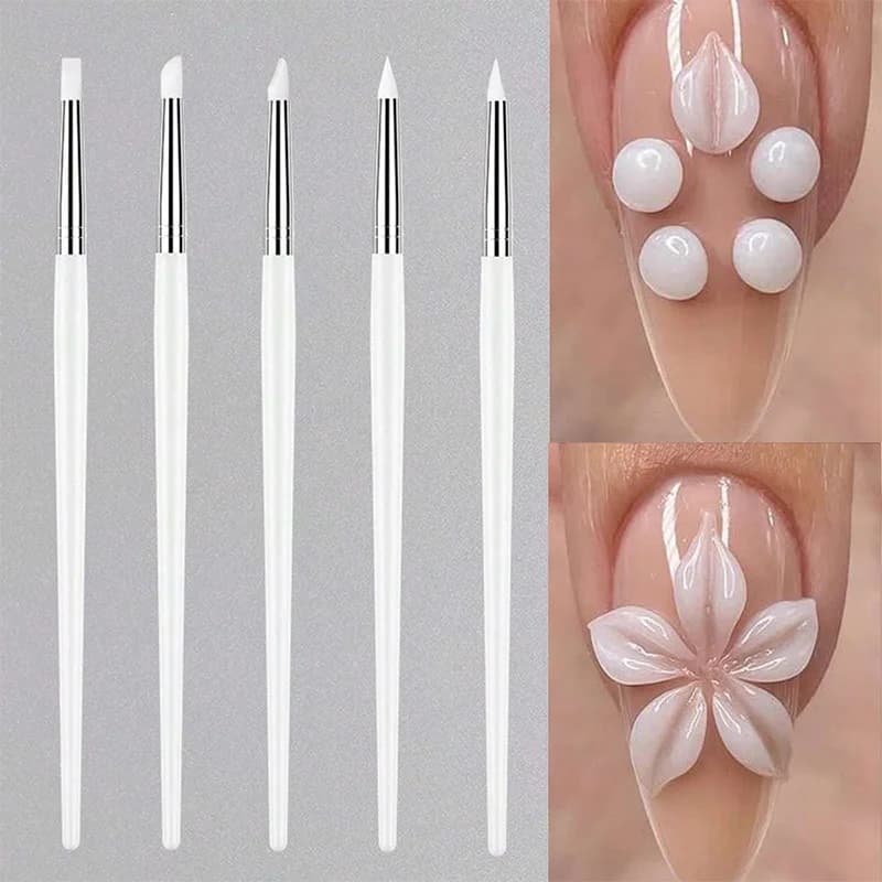 Set di 5 Pennelli in Silicone per Unghie, Pennelli per Gel UV e Decorazioni 3D, Strumenti Professionali per Manicure Fai-da-Te