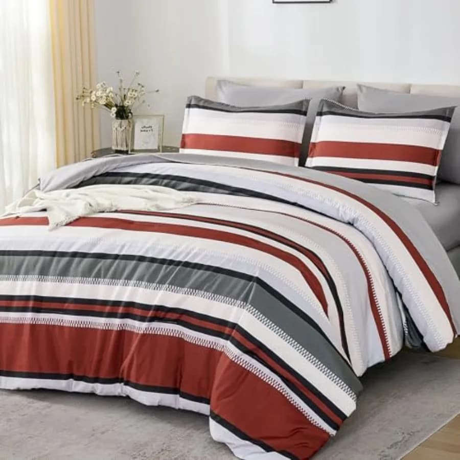 Set Copripiumino 7 Pezzi, Set Letto Completo in Microfibra Morbida a Righe con Copripiumino, Lenzuolo Piatto, Lenzuolo con Angoli e Federe