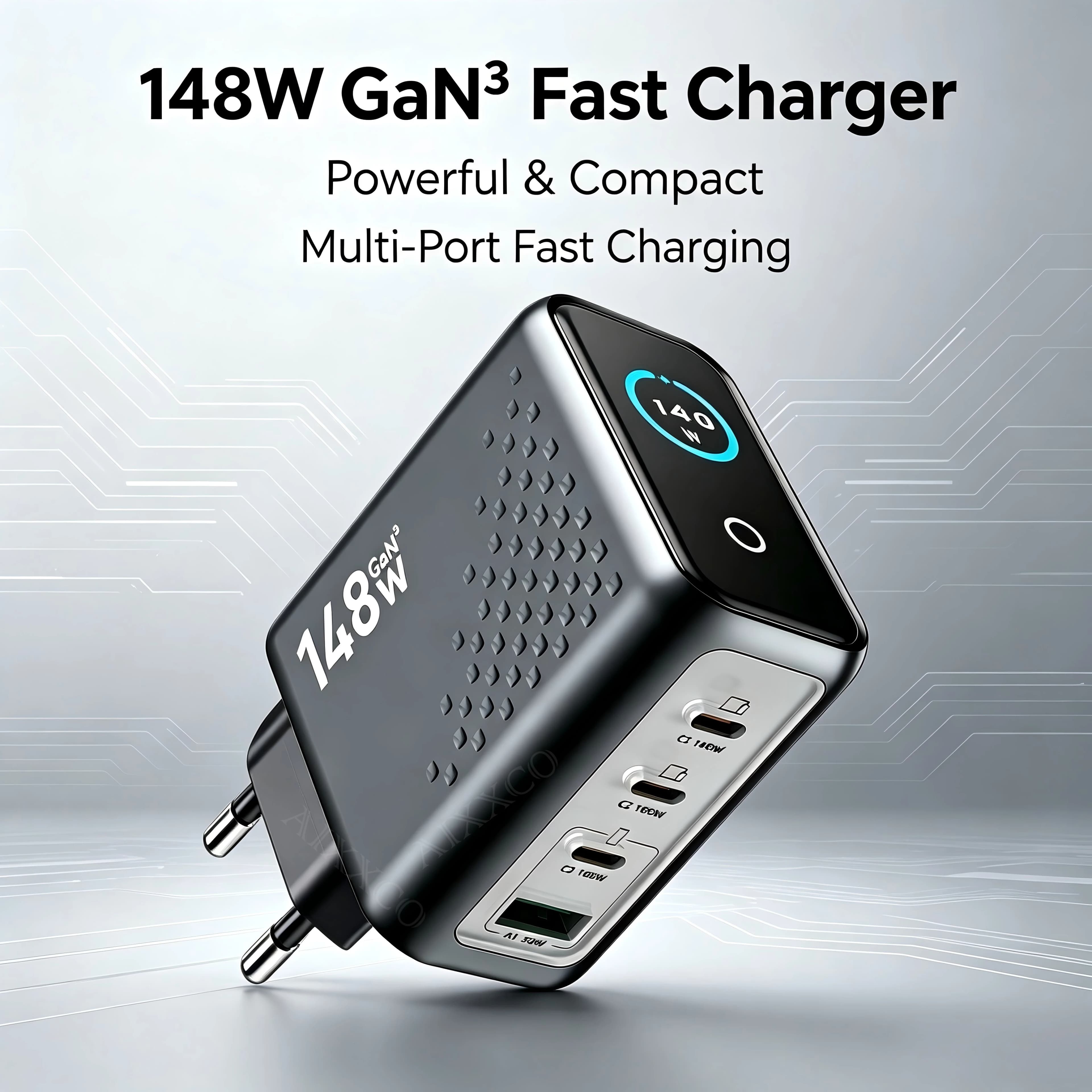 148W GaN Fast Charger 4-Port USB-C Compact Wall Adapter with Smart Display for MacBook iPad iPhone (Non-Battery)