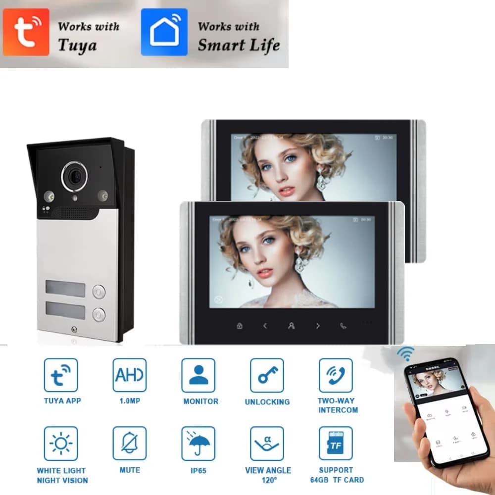 Videocitofono WiFi Tuya con Monitor da 7 Pollici, Sistema Intercomunicante per Appartamenti Multi-Familiari, per 2 Famiglie