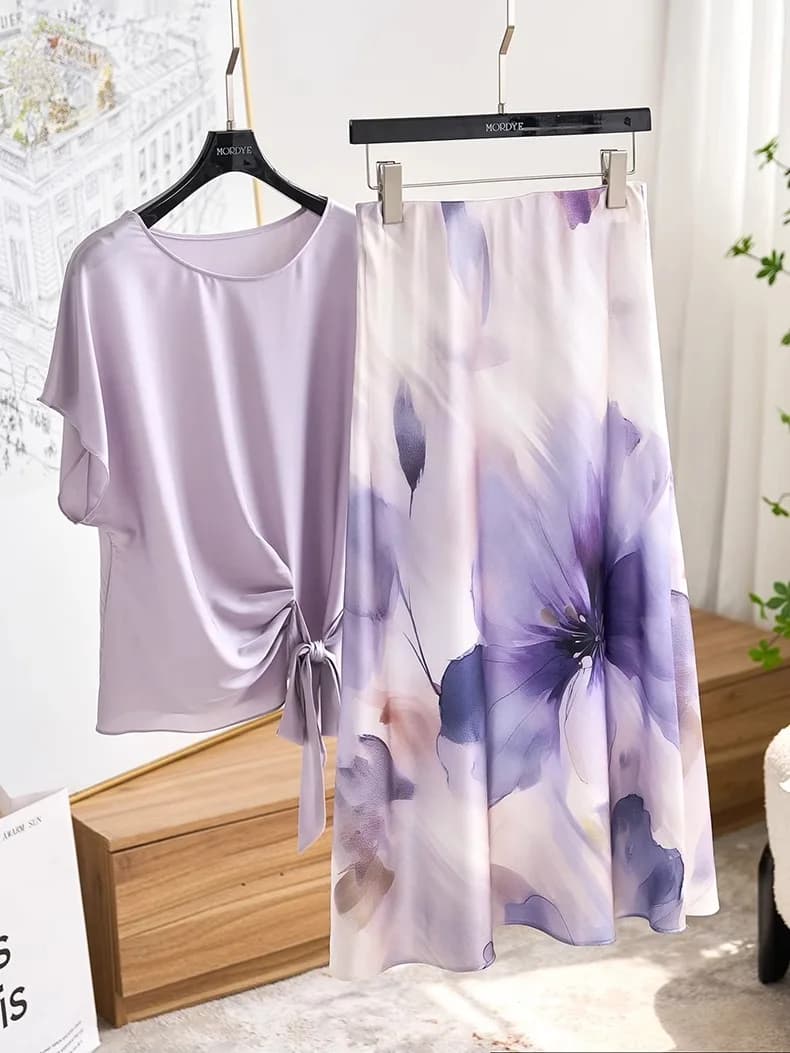 Dreamy Purple Gradient Three-acetate A-line Midi Skirt High Waist Commute Style No- Printed Loose Fit Summer Thin Material
